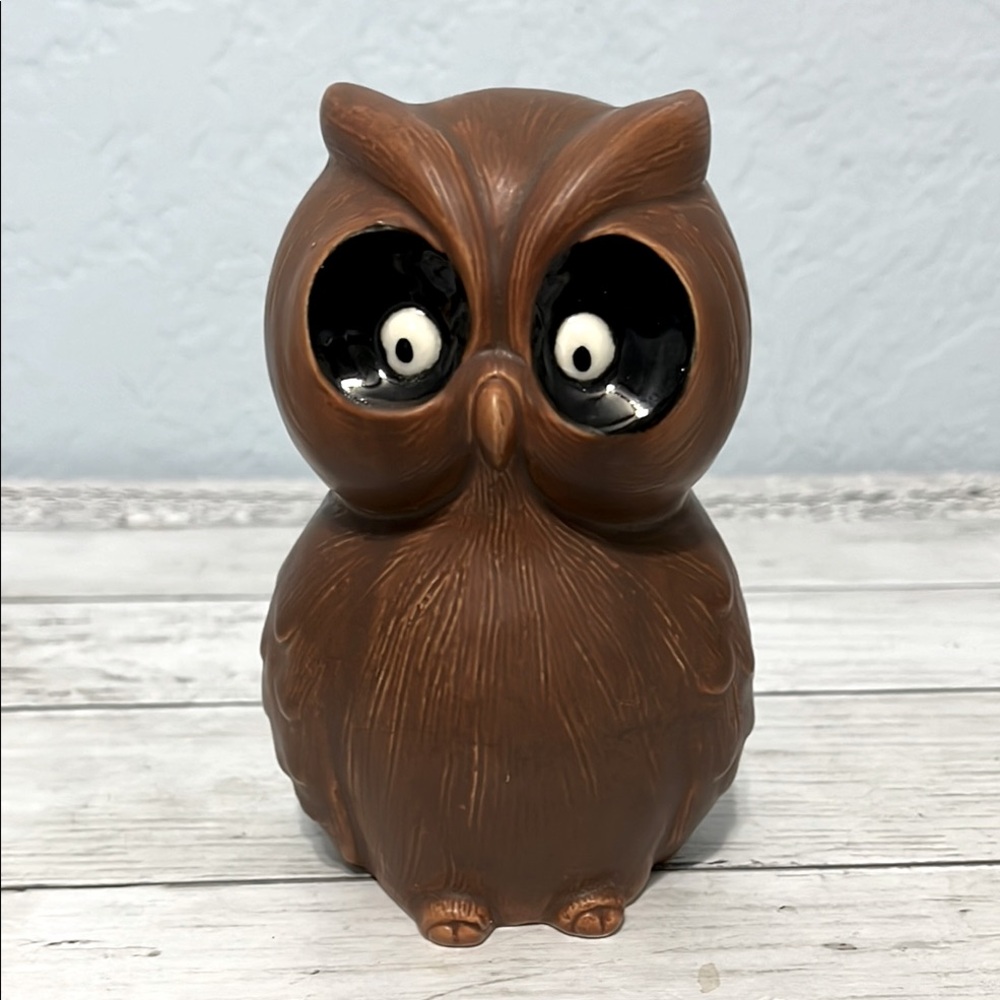 VINTAGE MCM LEFTON BROWN OWL BANK 5.5" HIGH BIG BLACK EYES, CERAMIC H4880 JAPAN